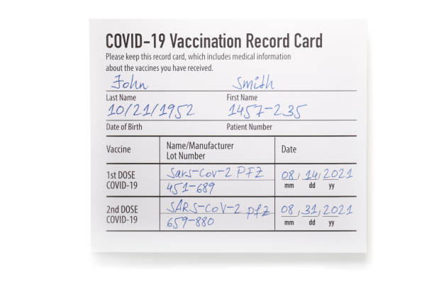Covid-19 vaccination record card on white background Covid-19 vaccination record card with fictitious text immunization certificate photos stock pictures, royalty-free photos & images