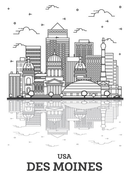 Outline Des Moines Iowa City Skyline with Modern Buildings and Reflections Isolated on White. Outline Des Moines Iowa City Skyline with Modern Buildings and Reflections Isolated on White. Vector Illustration. Des Moines USA Cityscape with Landmarks. des moines silhouette stock illustrations