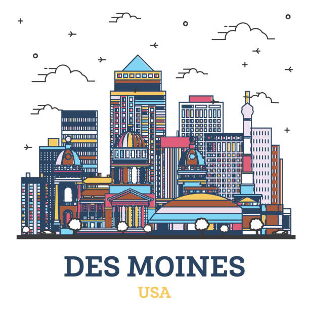 Outline Des Moines Iowa City Skyline with Colored Modern Buildings Isolated on White. Outline Des Moines Iowa City Skyline with Colored Modern Buildings Isolated on White. Vector Illustration. Des Moines USA Cityscape with Landmarks. des moines silhouette stock illustrations