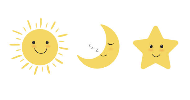 illustrazioni stock, clip art, cartoni animati e icone di tendenza di icona del sole, della luna e della stella su sfondo bianco. grazioso sole e stelle sorridenti personaggi dei cartoni animati. luna che dorme. illustrazione vettoriale - sequenza giorno e notte