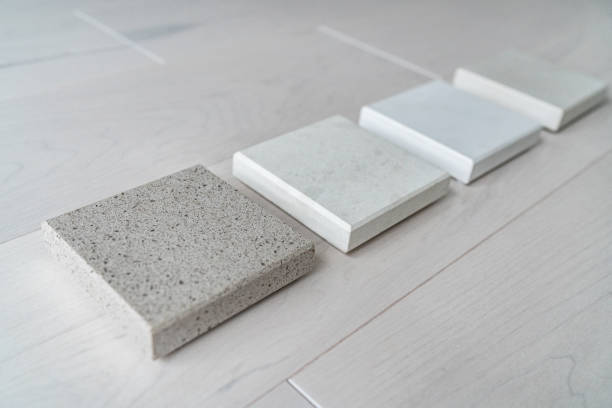 Kitchen remodel home renovation interior design consultation for countertop choices - quartz sample at store