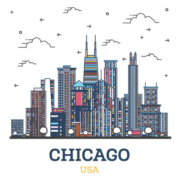 ilustraciones, imágenes clip art, dibujos animados e iconos de stock de delinee chicago illinois usa city skyline con edificios modernos de colores aislados en blanco. - chicago