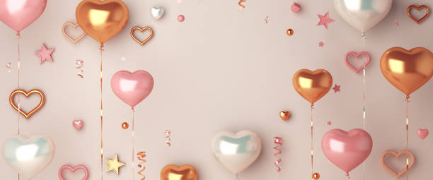 istock Happy Valentines Day with heart shape balloon, copy space text, wide background, 3D rendering illustration. 1297708924
