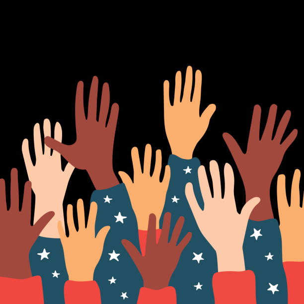 istock protests, crowd of people protesting for their rights. Holding posters in hands, no racism banner. Vector illustration in flat cartoon style on isolated 1297710450