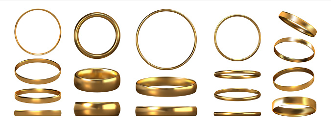 Golden rings. Realistic jewelry. View of shiny gold accessories from different sides. Collection of glossy metal jewels. Isolated traditional symbolic objects for wedding ceremonies, vector set