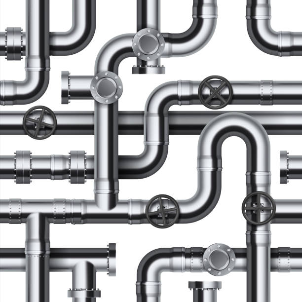 ilustrações de stock, clip art, desenhos animados e ícones de seamless pipeline pattern. realistic water and gas engineering plumbing system. 3d steel cylindrical tube constructions. round valves and pipe connection with bolts, vector template - pipeline pipe valve three dimensional shape