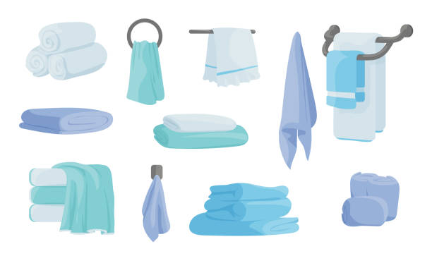 Cloth blanket. Folded fabric handkerchief, cartoon soft textile for kitchen and bathroom. Cotton napkin and rags, stacked rolled and hanging luxury towels vector isolated set Cloth blanket. Folded fabric handkerchief, cartoon soft textile for kitchen and bathroom. Cotton napkin and rags, stacked rolled and hanging luxury blue, green and white towels vector isolated set towel stock illustrations