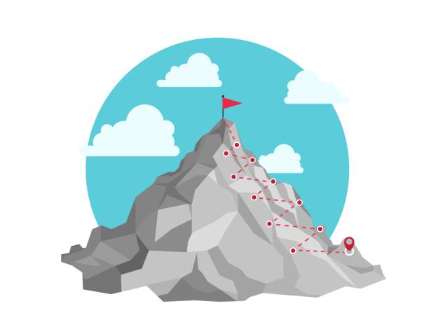 istock Mountain hiking trail. Red flag and road on mountain peak. Trekking outdoor activities, business goal achievement, success, victory and winning concept, flat vector isolated illustration 1297712849