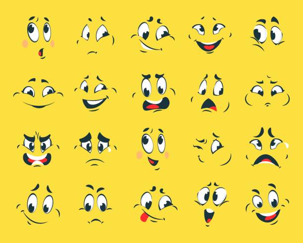 Funny Faces Cartoon Emotion Expressions Emoticons With Contour Eyes Or  Eyebrows And Mouths Facial Caricatures On Yellow Background Avatars Or  Stickers Template Vector Set Stock Illustration - Download Image Now -  iStock