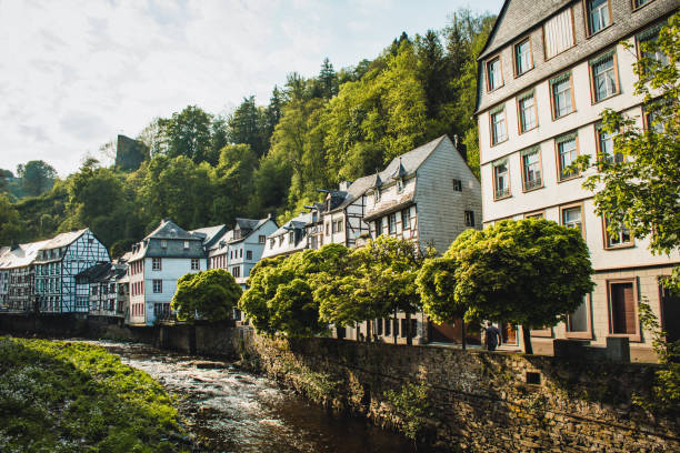 A small picturesque town in Noth Rhine-Westphalia, Germany. It is famous for its cobblestone streets and half-timbered houses Monschau in Eifel region aachen photos stock pictures, royalty-free photos & images