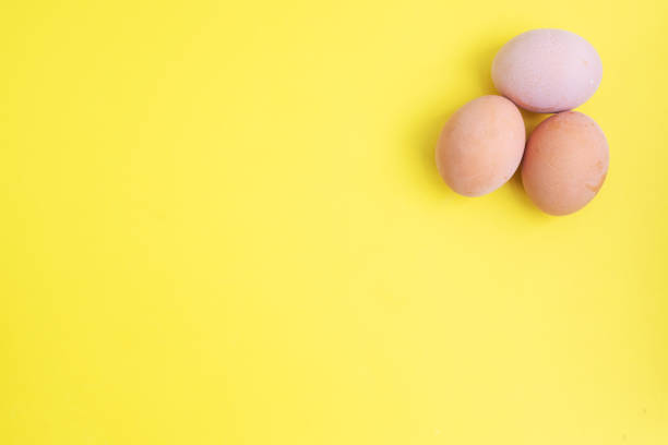istock Three brown chicken eggs on a yellow background. Top view, copy space. 1297718313