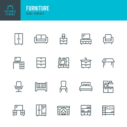 FURNITURE - thin line vector icon set. 20 linear icon. Pixel perfect. Editable outline stroke. The set contains icons: Living Room, Bed, Desk, Chair, Kitchen, Dining Table, Sofa, Office Chair, Closet, Bookshelf, Armchair, Crib.