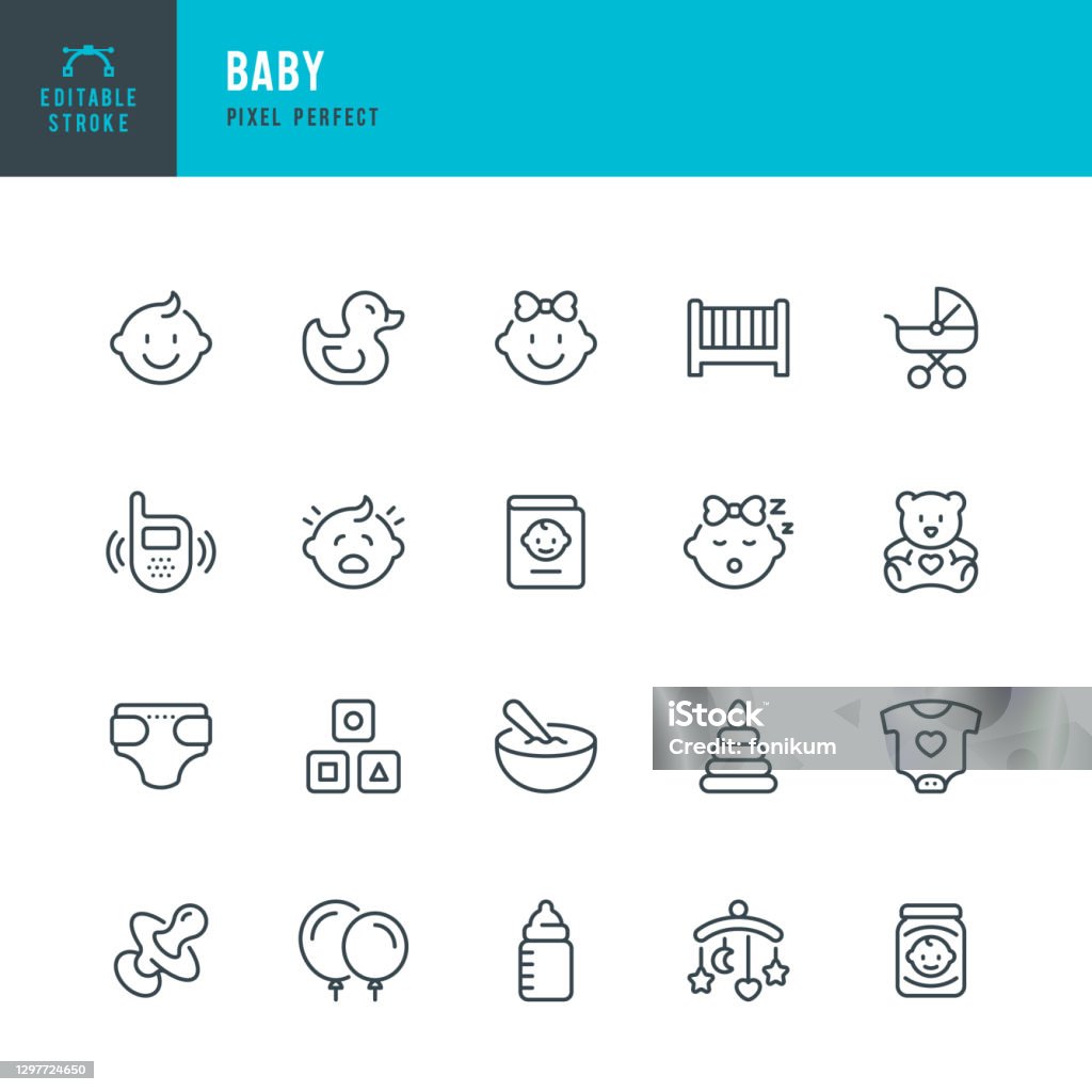 BABY - ince çizgi vektör simgesi seti. Piksel mükemmel. Kullanılabilir kontur. Set simgeler içerir: Çocuk, Baby Boys, Baby Girls, Baby Carriage, Baby Food, Baby Bottle, Rubber Duck, Baby Clothing, Beşik, Bebek Bezi. - Royalty-free Simge Vector Art