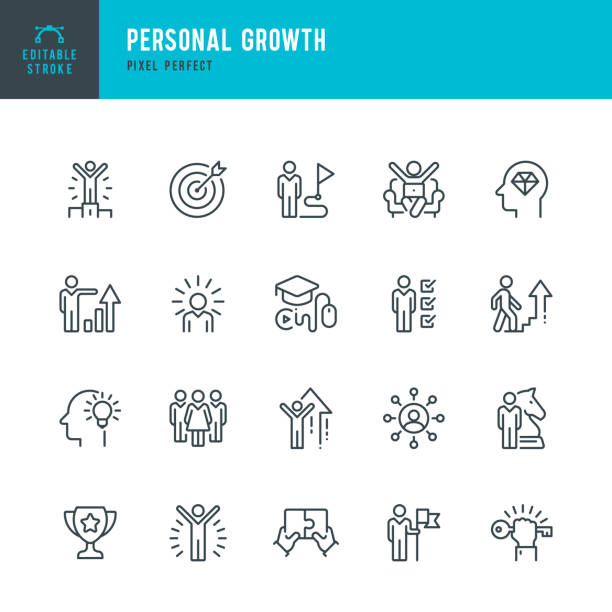 personal growth - zestaw ikon wektorowych cienkich linii. piksel idealny. edytowalne obrys. zestaw zawiera ikony: przywództwo, nauka, kariera, umiejętności, motywacja, poruszanie się, zwycięzca, sukces, konkurencja, drabina sukcesu. - education stock illustrations
