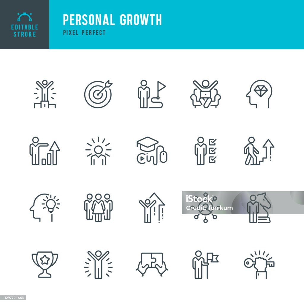 Personal Growth - thin line vector icon set. Pixel perfect. Editable stroke. The set contains icons: Leadership, Learning, Career, Skill, Motivation, Moving Up, Winner, Success, Competition, Ladder of Success. Personal Growth - thin line vector icon set. 20 linear icon. Pixel perfect. Editable outline stroke. The set contains icons: Leadership, Learning, Career, Skill, Motivation, Moving Up, Winner, Success, Competition, Ladder of Success. Icon stock vector