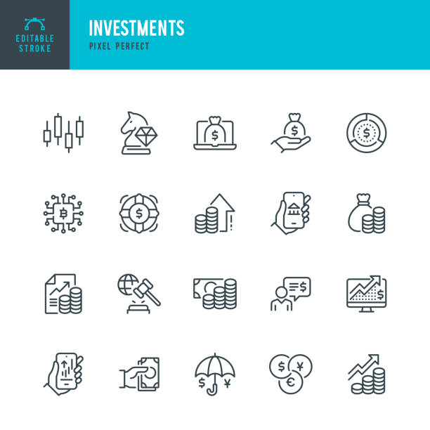 ilustraciones, imágenes clip art, dibujos animados e iconos de stock de inversions - conjunto de iconos vectoriales de línea delgada. pixel perfecto. trazo editable. el conjunto contiene iconos: estrategia de negocio, inversión, mercado de valores, crecimiento de ganancias, préstamo, riqueza, asesor financiero, criptomoneda - wealthy