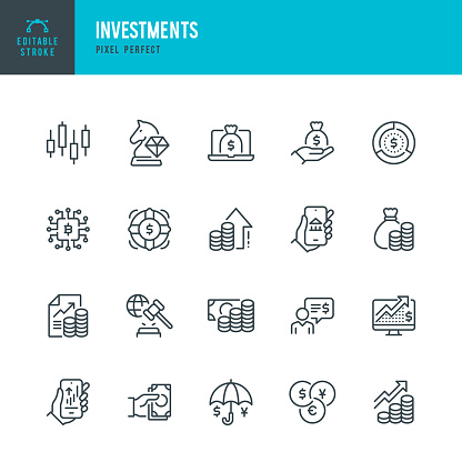 INVESTMENTS - thin line vector icon set. 20 linear icon. Pixel perfect. Editable outline stroke. The set contains icons: Business Strategy, Investment, Stock Market, Profit Growth, Loan, Wealth, Financial Advisor, Cryptocurrency, Currency Exchange.