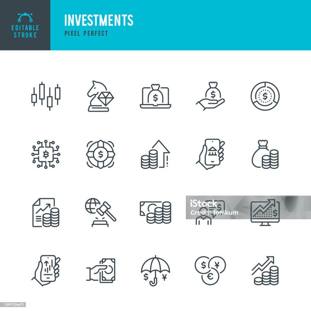 INVESTMENTS - thin line vector icon set. Pixel perfect. Editable stroke. The set contains icons: Business Strategy, Investment, Stock Market, Profit Growth, Loan, Wealth, Financial Advisor, Cryptocurrency, Currency Exchange. INVESTMENTS - thin line vector icon set. 20 linear icon. Pixel perfect. Editable outline stroke. The set contains icons: Business Strategy, Investment, Stock Market, Profit Growth, Loan, Wealth, Financial Advisor, Cryptocurrency, Currency Exchange. Icon stock vector
