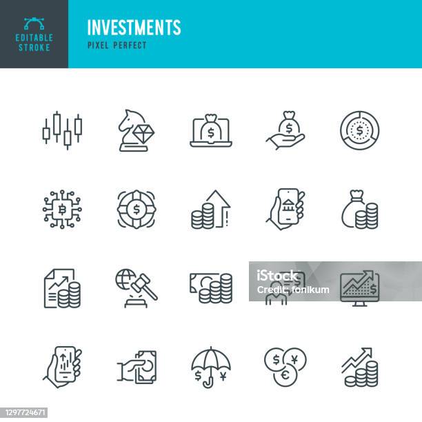Investments Thin Line Vector Icon Set Pixel Perfect Editable Stroke The Set Contains Icons Business Strategy Investment Stock Market Profit Growth Loan Wealth Financial Advisor Cryptocurrency Currency Exchange Stock Illustration - Download Image Now