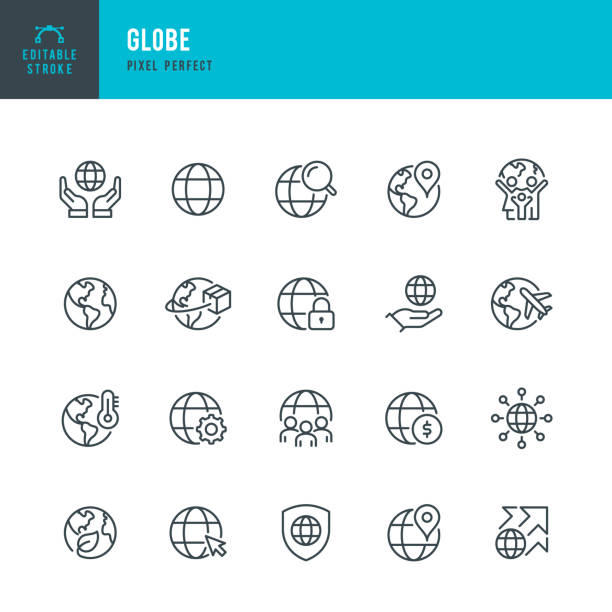 globe - dünnlinien-vektor-symbol-set. pixel perfekt. bearbeitbarer strich. das set enthält symbole: planet erde, globe, global business, klimawandel, lieferung, reisen, umweltschutz, schifffahrt. - globus stock-grafiken, -clipart, -cartoons und -symbole