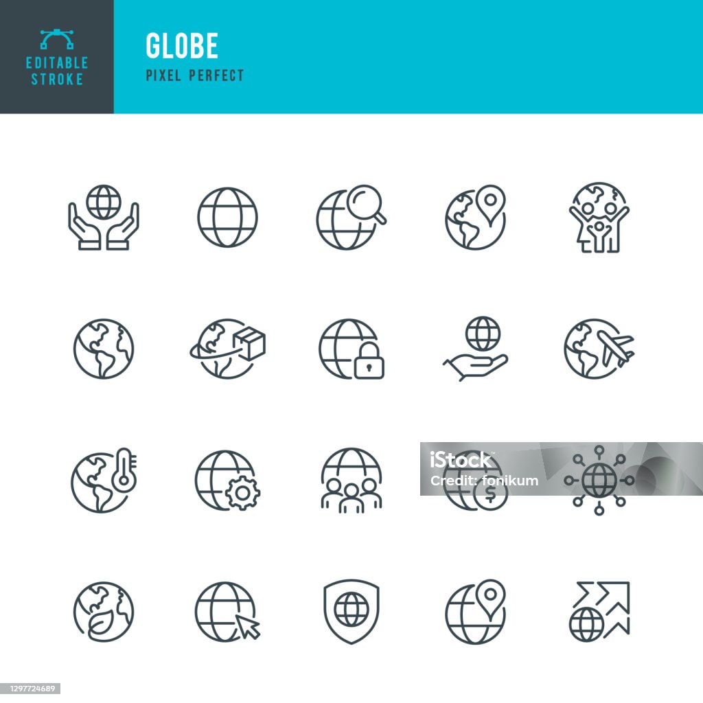 GLOBE - conjunto de iconos vectoriales de línea delgada. Pixel perfecto. Trazo editable. El conjunto contiene iconos: Planeta Tierra, Globo, Negocios Globales, Cambio Climático, Entrega, Viajes, Conservación Ambiental, Envío. - arte vectorial de Ícono libre de derechos