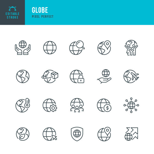 globe - zestaw ikon wektorowych cienkich linii. piksel idealny. edytowalne obrys. zestaw zawiera ikony: planet earth, globe, global business, climate change, delivering, travel, environmental conservation, shipping. - planeta stock illustrations