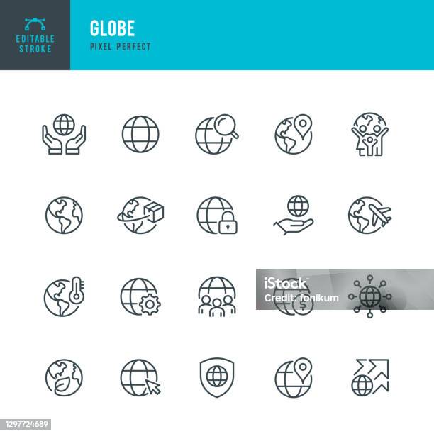 Globe Thin Line Vector Icon Set Pixel Perfect Editable Stroke The Set Contains Icons Planet Earth Globe Global Business Climate Change Delivering Travel Environmental Conservation Shipping Stock Illustration - Download Image Now