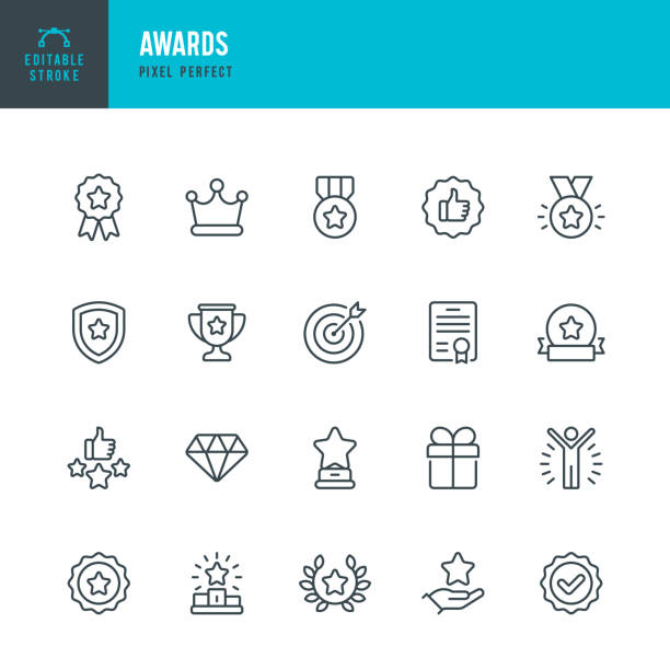 AWARDS - thin line vector icon set. Pixel perfect. Editable stroke. The set contains icons: Award, First Place, Winners Podium, Leadership, Certificate, Laurel Wreath, Medal, Trophy, Gift. AWARDS - thin line vector icon set. 20 linear icon. Pixel perfect. Editable outline stroke. The set contains icons: Award, First Place, Winners Podium, Leadership, Certificate, Laurel Wreath, Medal, Trophy, Gift. badge stock illustrations
