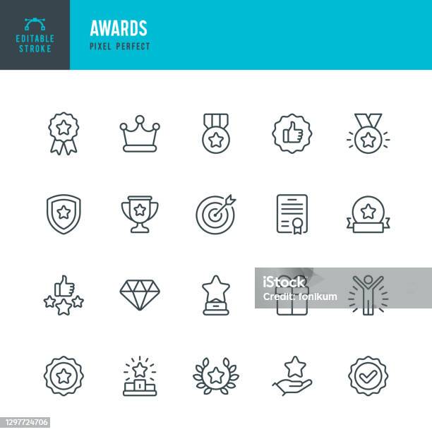Awards Thin Line Vector Icon Set Pixel Perfect Editable Stroke The Set Contains Icons Award First Place Winners Podium Leadership Certificate Laurel Wreath Medal Trophy Gift Stock Illustration - Download Image Now
