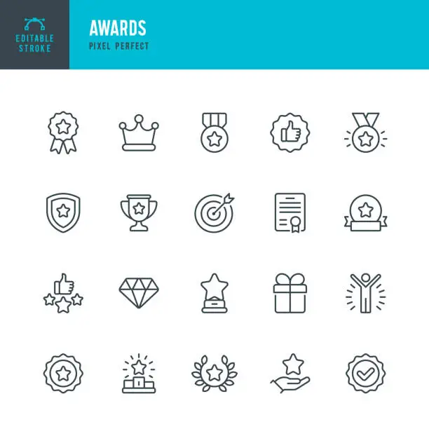 Vector illustration of AWARDS - thin line vector icon set. Pixel perfect. Editable stroke. The set contains icons: Award, First Place, Winners Podium, Leadership, Certificate, Laurel Wreath, Medal, Trophy, Gift.