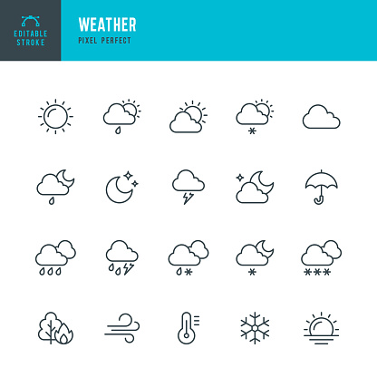 WEATHER - thin line vector icon set. 20 linear icon. Pixel perfect. Editable outline stroke. The set contains icons: Sun, Moon, Cloud, Winter, Summer, Rain, Snow, Blizzard, Umbrella, Snowflake, Sunrise, Wind.
