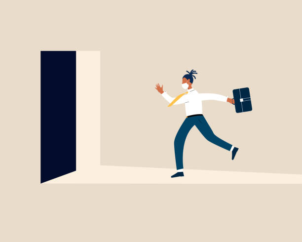 Late black business man with briefcase rushing in a hurry to get on time to office. Business person running fast with facemask and waving necktie concept. New reality. Modern vector illustration. vector art illustration
