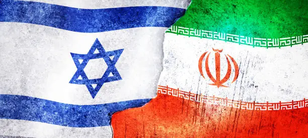 Flag of israel and Iran Flag on grunge background concept, Flags of israel and Iran on old cracked concrete background