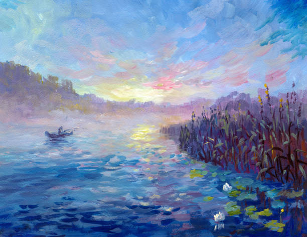 Morning on a misty river, painting in the style of impressionism fisherman's boat in the early morning on a misty river, painting acrylic on watercolor paper in the style of impressionism painting art product stock illustrations