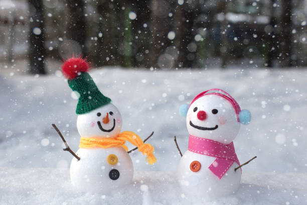 istock snowman standing on snowy field in winter. 1297729813