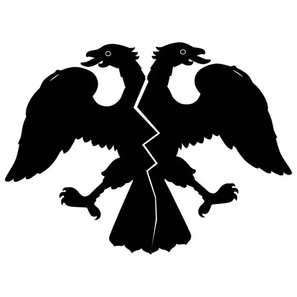 Vector illustration of Double-headed eagle with spread wings. Crack on the torso. Destruction and disintegration of the empire. Emblem, symbol. Silhouette vector illustration.
