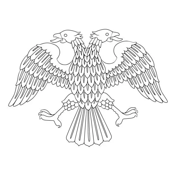 Vector illustration of Double-headed eagle with spread wings. Emblem, symbol. Linear vector illustration.