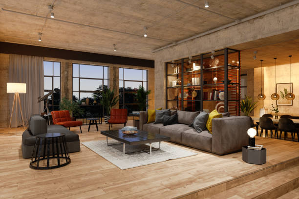 Luxury Living Room At Night With Armchairs, Sofa, Lighting Equipments And Dining Table Background.