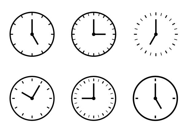 illustrazioni stock, clip art, cartoni animati e icone di tendenza di set di varianti di ora dell'icona dell'orologio - giorno immagine