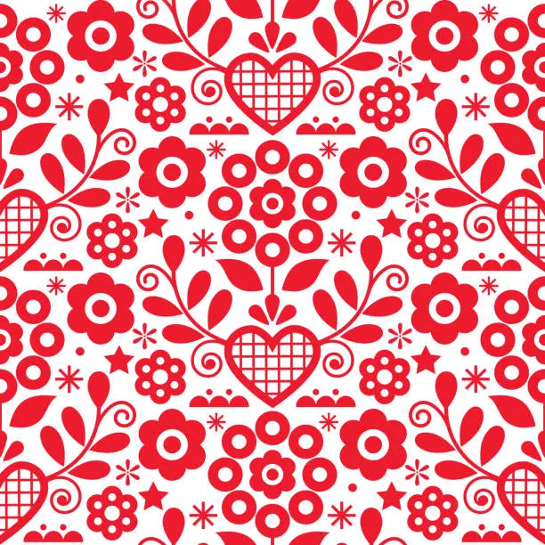 Vector illustration of Traditional floral vector seamless red and white pattern perfect for textile or fabric print. Inspired by folk art from Nowy Sacz, Poland