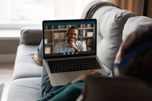 istock Woman have webcam digital talk with male on laptop 1297735577