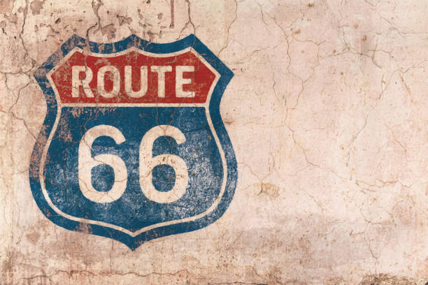 ルート66素朴なヴィンテージロードサインストリートアート壁画の背景とコピースペース - road trip sign journey route 66点のイラスト素材／クリップアート素材／マンガ素材／アイコン素材