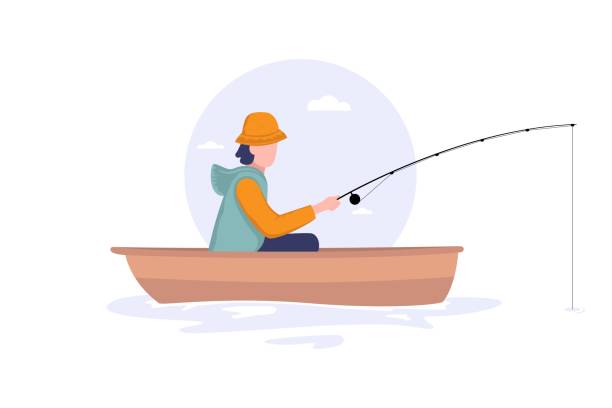 Fisherman sits on boat with fishing rod. Fishman crocheted spin into the sea. Fishing concept. Flat style vector illustration isolated on white background. Fisherman sits on boat with fishing rod. Fishman crocheted spin into the sea. Fishing concept. Flat style vector illustration isolated on white background fishing bait illustrations stock illustrations