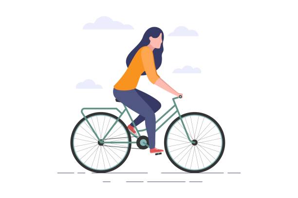 illustrazioni stock, clip art, cartoni animati e icone di tendenza di donna in bicicletta. la femmina va in bicicletta con le nuvole dietro. illustrazione web vettoriale in stile piatto isolata su sfondo bianco. - bike