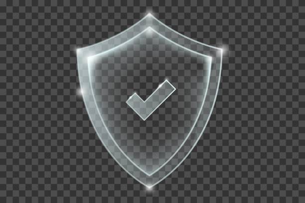 Transparent shiny shield with check mark symbol inside. Realistic protection sign. White security plate with reflections and light sparkles. Vector illustration isolated on transparent background. Transparent shiny shield with check mark symbol inside. Realistic protection sign. White security plate with reflections and light sparkles. Vector illustration isolated on transparent background defending stock illustrations