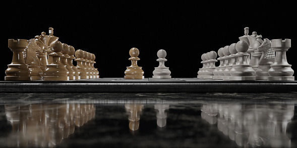 side view of a chessboard on a dark marble table with two pawns facing each other on a black background. 3d rendering