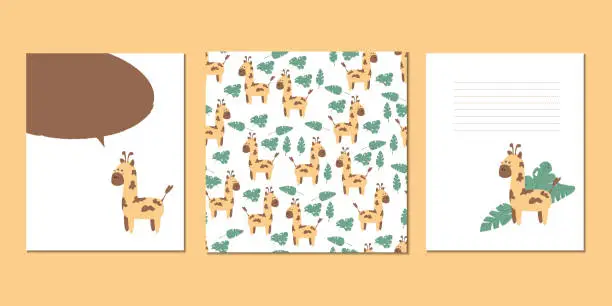 Vector illustration of Set of vector children's cards with giraffes. Text templates for children's party, baby shower, postcards, invitations, diplomas.