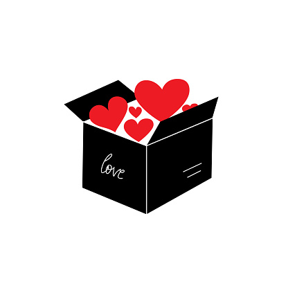 Concept illustration with red hearts in box. Love, support, help, donate. Vector art.