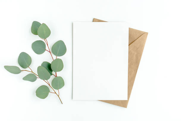 istock Mockup invitation, blank greeting card and green leaves eucalyptus. Flat lay, top view 1297739886