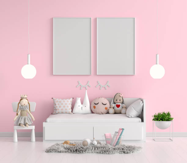 istock Pink child bedroom with frame mockup, 3D rendering 1297740311